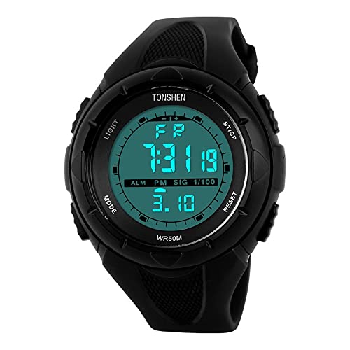 TONSHEN Wasserdicht Digital Uhr für Damen Kinder Sportuhr Militär Plastik Uhren Multifunktion Stoppuhr Kalender LED Licht Damenuhr mit Kautschukband (Schwarz) von TONSHEN