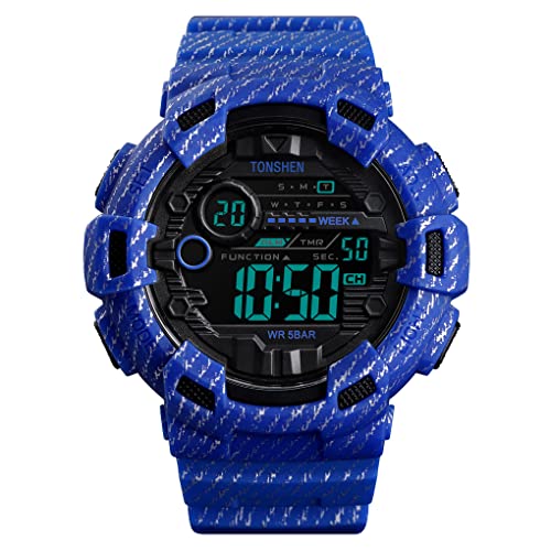 TONSHEN Wasserdicht Herren Uhren Plastik Lünette mit Kautschuk Band Outdoor Militär Digitaluhr LED Elektronik Doppelte Zeit Alarm Stoppuhr Sport Uhren (Blau) von TONSHEN