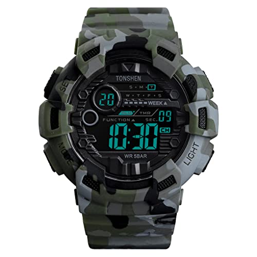 TONSHEN Wasserdicht Herren Uhren Plastik Lünette mit Kautschuk Band Outdoor Militär Digitaluhr LED Elektronik Doppelte Zeit Alarm Stoppuhr Sport Uhren (Camo) von TONSHEN