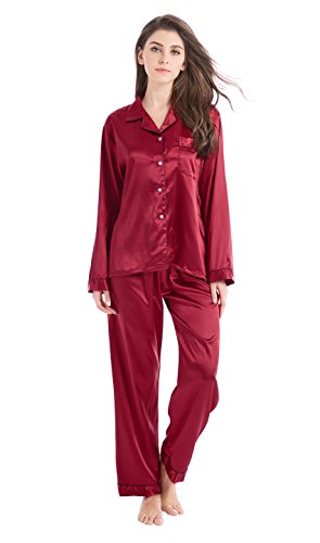 Tony & Candice Damen Schlafanzüge Lang Satin Lang Pyjama Set Nachtwäsche (Burgund mit Schwarzem Keder, M) von TONY AND CANDICE