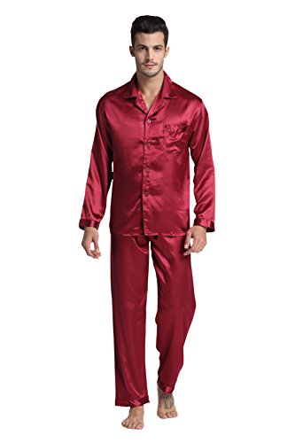 Tony & Candice Herren Pyjama Lang Klassische Satin Schlafanzug (M, Burgund) von TONY AND CANDICE