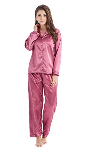 Tony & Candice Damen Schlafanzüge Lang Satin Lang Pyjama Set Nachtwäsche (M, Hell Burgund) von TONY AND CANDICE