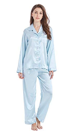 Tony & Candice Damen Schlafanzüge Lang Satin Lang Pyjama Set Nachtwäsche (L, Hellblau) von TONY AND CANDICE