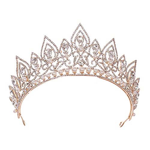 Haarschmuck Tiara Krone für Frauen Barock Tropfenform Kristall Prinzessin Party Imitation Perle Tiaras Kopfbedeckung Braut Hochzeit Haarschmuck Gold (Gold S) von TONZN