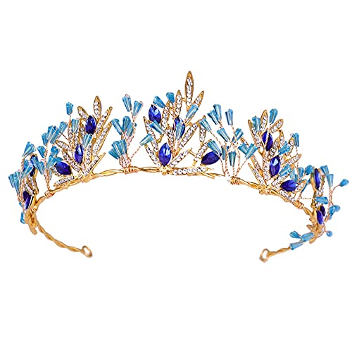 Haarschmuck für Frauen, trendige blaue Strass-Hochzeitskrone, Brautschmuck, handgefertigt, Goldfarbe, Blatt-Tiara, Krone, Kopfschmuck, Brautschmuck von TONZN