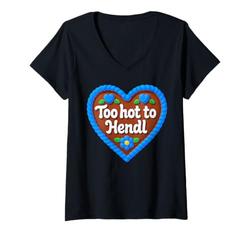 Damen Too HOT to HENDL X Lover Trend Love Statement Oktoberfest T-Shirt mit V-Ausschnitt von TOO HOT TO HENDL X Neue Wiesn Tracht Lebkuchenherz