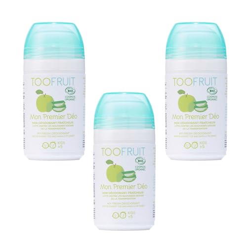TOOFRUIT Mein Erster Deoroller Bio-zertifizierter Kinder Deoroller mit antibakteriellem BIO-Salbeiwasser und Feuchtigkeit absorbierendem Bambus-Extrakt (Apfel-Aloe Vera / 3er-Pack) von TOOFRUIT