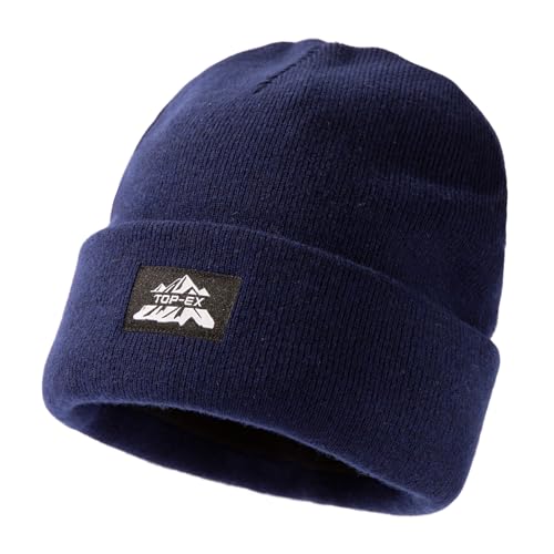 TOP-EX 100% Merinowolle Hut Strickmütze Herren Damen Fleece Wintermütze Warme Winddicht Atmungsaktiv Mütze Beanie Schwarz für Running Ski Wandern Marineblau M L von TOP-EX
