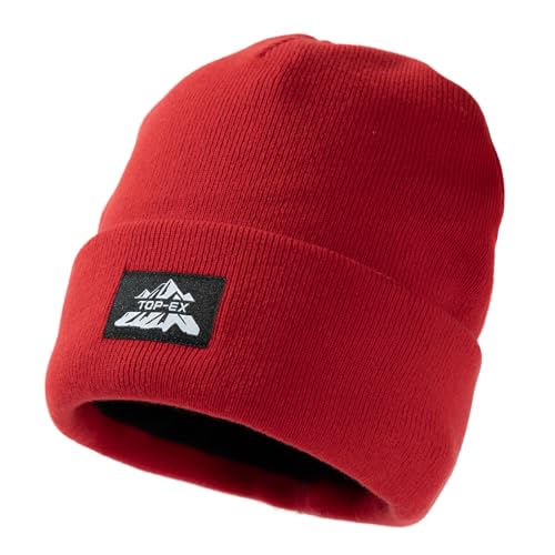 TOP-EX 100% Merinowolle Hut Strickmütze Herren Damen Fleece Wintermütze Warme Winddicht Atmungsaktiv Mütze Beanie Schwarz für Running Ski Wandern Rot M L von TOP-EX