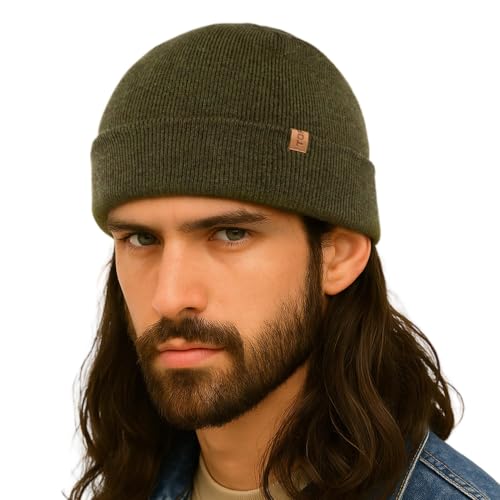 TOP-EX 80% Merino Wool Fisherman Beanie Hat for Men & Women, Double Layer Warm Winter Wool Hats, Unisex Winter Cap Trawler Knitted Cuffed Hat for Outdoor Running Golf, Army Green M/L von TOP-EX