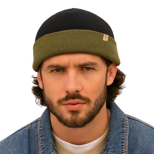TOP-EX 80% Merino Wool Fisherman Beanie Hat for Men & Women, Double Layer Warm Winter Wool Hats, Unisex Winter Cap Trawler Knitted Cuffed Hat for Outdoor Walking Golf, Black & Army Green M/L von TOP-EX