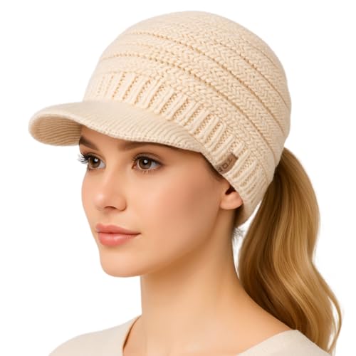 TOP-EX Beanie Damen Wolle Warme Winter Mütze mit Fleecefutter Strickmütze mit Schirm Pferdeschwanz Beige von TOP-EX