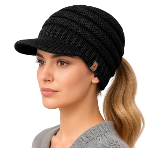 TOP-EX Beanie Damen Wolle Warme Winter Mütze mit Fleecefutter Strickmütze mit Schirm Pferdeschwanz Schwarz von TOP-EX