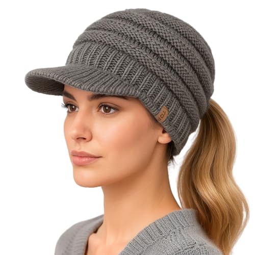 TOP-EX Beanie Damen Wolle Warme Wintermuetze mit Fleecefutter Strickmütze mit Schirm Pferdeschwanz Grau von TOP-EX