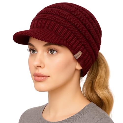 TOP-EX Beanie Damen Wollmuetze Warme Wintermuetze mit Fleecefutter Strickmütze mit Schirm Pferdeschwanz Burgund von TOP-EX