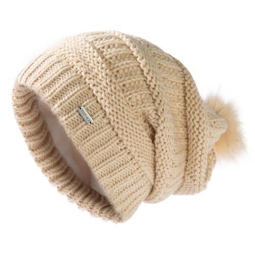 TOP-EX Damen Beanie 100% Wolle Strickmütze mit Bommel - Satinfutter & Winddicht für Winter Outdoor-Sport - Beige von TOP-EX