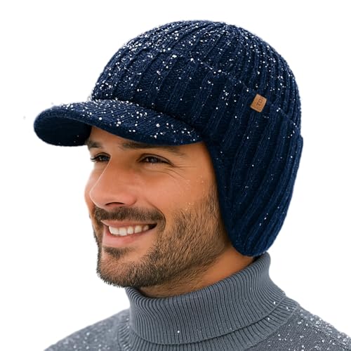 TOP-EX DryKnit™ Wasserdichte 80% Merinowolle Schirmmütze Herren, Winter Strickmützen Beanie Hat mit Schirm, Warm Winddicht Wollmütze mit Fleecefutter und Ohrenklappen für Outdoor Camping Ski, Blau M/L von TOP-EX