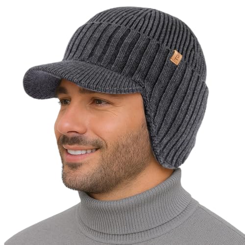 TOP-EX DryKnit™ Wasserdichte 80% Merinowolle Schirmmütze Herren, Winter Strickmützen Beanie Hat mit Schirm, Warm Winddicht Wollmütze mit Fleecefutter und Ohrenklappen für Outdoor Running Ski, Grau M/L von TOP-EX