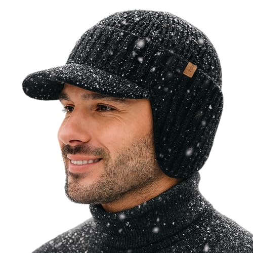 TOP-EX DryKnit™ XL/XXL wasserdichte 80% Merinowolle Schirmmütze Herren Großer Head, Winter Strickmützen Beanie Cap, Warm Winddicht Wintermütze mit Fleecefutter und Ohrenklappen für Ski Golf, Schwarz von TOP-EX