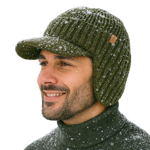 TOP-EX DryKnit™ wasserdichte 80% Merinowolle Schirmmütze Herren, Winter Strickmützen Beanie Hat mit Schirm, Warm Winddicht Wollmütze mit Fleecefutter und Ohrenklappen für Running Camping, Grün M/L von TOP-EX