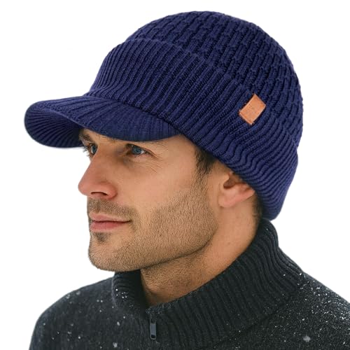 TOP-EX Herren Damen Strickmütze mit Schirm Winter Beanie aus Merinowolle wasserdicht Winddicht warm gefütterte Fleece Mütze gestrickte Kopfbedeckung für Marineblau Männer Frauen L/XL von TOP-EX