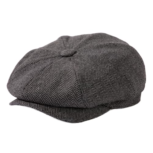 TOP-EX L/XL/XXL Merinowolle Schiebermuetze Herren 8 Panel Peaky Fischgräten Tweed Retro Schiebermütze Schlägermütze Gatsby Cap Warme Wintermütze Vintage Golf Fahrermütze Grau Fischgrätenmuster XL von TOP-EX