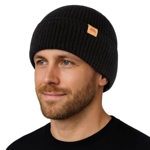 TOP-EX L/XL Merino Wolle Beanie Mütze Herren Großer Kopf mit Fleecefutter, Warme Thermo Wintermütze, Winter Stretchy Weich Wollmuetze for Outdoor Running Geschenk, Schwarz von TOP-EX
