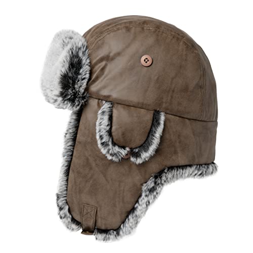 TOP-EX L/XL Winter Trapper-Hut Kunstleder Aviator Pilotenmütze Damen Herren Braun Warm Gefütterte Kunstpelz-Hut mit Winddichten Ohrenklappen von TOP-EX