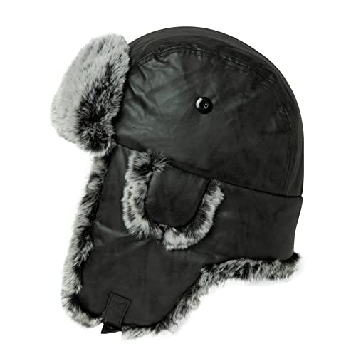 TOP-EX L/XL Winter Trapper-Hut Kunstleder Aviator Pilotenmütze Damen Herren Schwarz Warm Gefütterte Kunstpelz-Hut mit Winddichten Ohrenklappen von TOP-EX