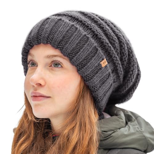 TOP-EX M/L/XL 100% Wolle Slouch Beanie Damen Warm Wintermütze Strickmuetze mit Fleecefutter Grün von TOP-EX