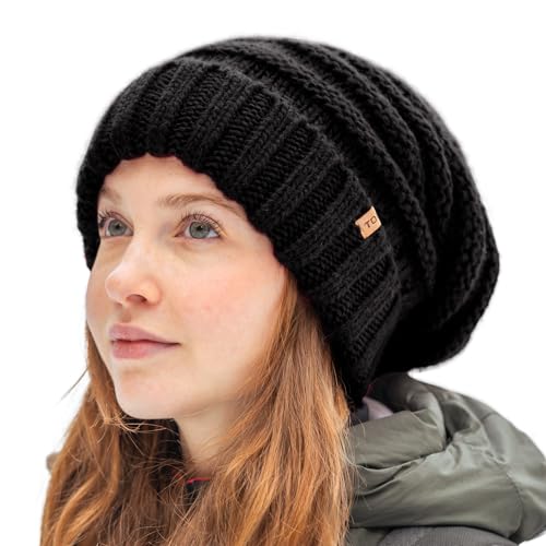 TOP-EX M/L/XL 100% Wolle Slouch Beanie Damen Warm Wintermütze Strickmuetze mit Fleecefutter Schwarz von TOP-EX