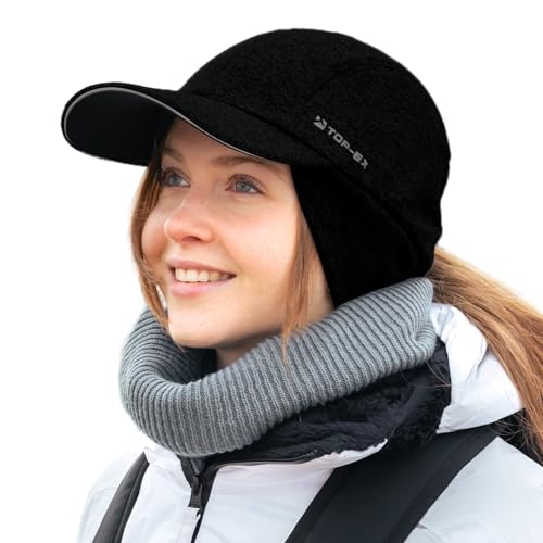 TOP-EX M/L/XL Wasserdicht Basecap Damen Winter mit Ohrenklappen Pferdeschwanz Beanie Warm Mütze mit Fleecefutter Damen Laufen Wintermütze Reflektierend Camping Schwarz L/XL von TOP-EX
