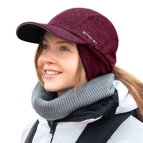 TOP-EX M/L/XL Wasserdicht Basecap Damen Winter mit Ohrenklappen Pferdeschwanz Beanie Warm Mütze mit Fleecefutter Damen Laufen Wintermütze Reflektierend Skiing Rot M/L von TOP-EX