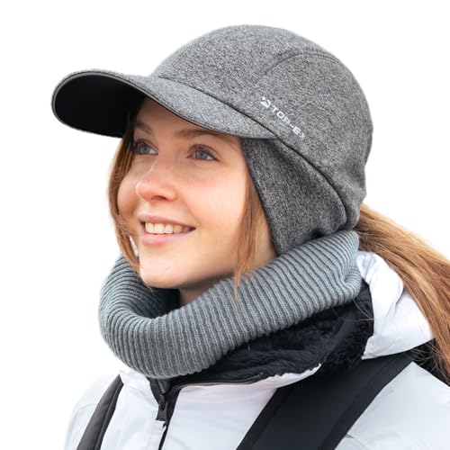 TOP-EX M/L/XL Wasserdicht Basecap Damen Winter mit Ohrenschutz Pferdeschwanz Beanie Warm Kappe mit Fleecefutter Frauen Laufen Wintermütze Reflektierend Wandern Grau M/L von TOP-EX