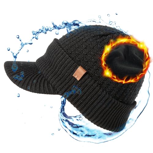 TOP-EX 50% Merinowolle Herren Damen Winter Strickmütze mit Schirm – wasserdichte Winddichte Schirmmütze, warm gefütterte Fleece Beanie für Outdoor, Running und kalte Tage, Schwarz M/L von TOP-EX