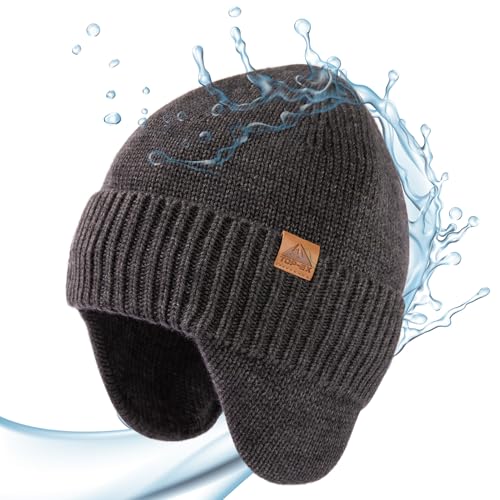 TOP-EX Merino Wolle Beanie Herren Damen mit Ohrenklappen wasserdichte Warme Wintermütze Strickmuetze mit Fleecefutter Outdoor Ski Mütze 95562_Grau L/XL von TOP-EX