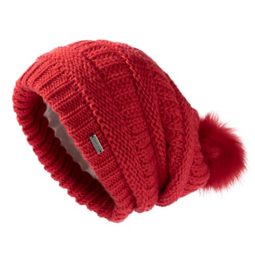 TOP-EX Outdoor Sport Wintermütze Damen 100% Wolle Strick mit Fellbommel - Winddicht und warm gefüttert für Ski & Outdoor - Rot von TOP-EX