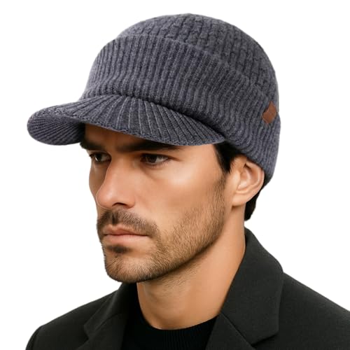 TOP-EX PolarWool™ 100% Merinowolle Schirmmütze Herren Damen, Winter Strickmützen Beanie Hat mit Schirm, Warm Winddicht Wollmütze mit Fleecefutter für Outdoor Running Ski, Grau M/L von TOP-EX