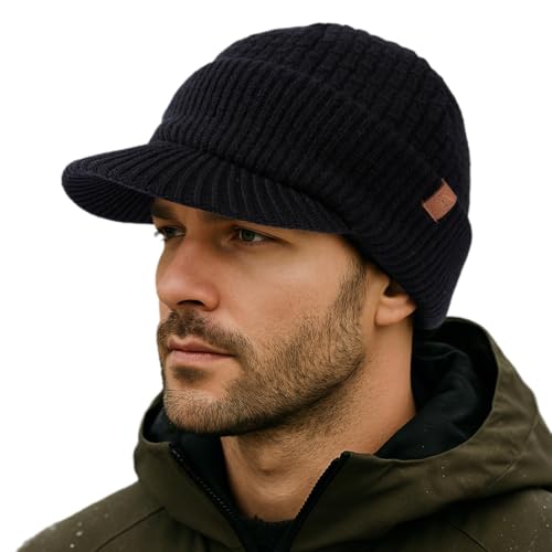 TOP-EX PolarWool™ 50% Merinowolle Schirmmütze Herren Damen, Winter Strickmützen Beanie Hat mit Schirm, Warm Winddicht Wollmütze mit Fleecefutter für Running Ski, Schwarz M/L von TOP-EX