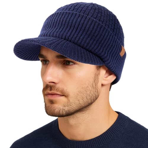TOP-EX PolarWool™ XL/XXL 100% Merinowolle Schirmmütze Herren Großer Head, Winter Strickmützen Beanie Cap mit Visier, Warm Winddicht Wintermütze mit Fleecefutter für Camping Ski, Marineblau von TOP-EX