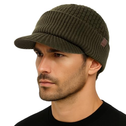 TOP-EX PolarWool™ XL/XXL 100% Merinowolle Schirmmütze Herren Großer Head, Winter Strickmützen Beanie Cap mit Visier, Warm Winddicht Wintermütze mit Fleecefutter für Running Hiking, Olivgrün von TOP-EX
