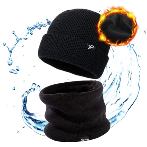 TOP-EX Schwarze wasserdichte Winter Warme Fleece-gefütterte Strickmütze für Herren & Damen mit Wasserabweisendem Halskreisschal, Atmungsaktive Outdoor Lauf- & Skimütze Set XXL von TOP-EX