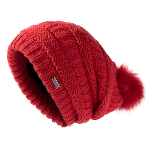 TOP-EX Slouchy Beanie Damen Wintermütze 100% Wolle mit Fellbommel - Satinfutter, Winddicht & perfekt für Ski & Outdoor - Rot von TOP-EX