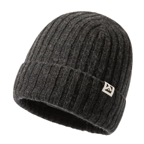 TOP-EX Übergroße Herren Damen 100% Merinowolle Winter Beanie mit Fleece-Futter Strickmütze für große Köpfe langlebige Mütze für kaltes Wetter warm Dunkelgrau Medium/Large von TOP-EX