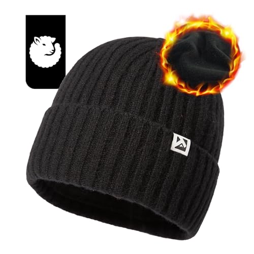 TOP-EX Übergroße Herren Damen 100% Merinowolle Winter Beanie mit Fleece-Futter Strickmütze für große Köpfe langlebige Mütze für kaltes Wetter warm Schwarz Medium/Large von TOP-EX