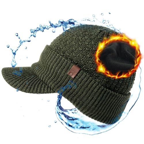 TOP-EX Winter Schirmmütze Herren 50% Merinowolle Strickmütze wasserdichte Winddichte Beanie mit Schirm warm gefütterte Mütze mit Fleecefutter gestrickte Kopfbedeckung für Outdoor Arbeit Grün M/L von TOP-EX