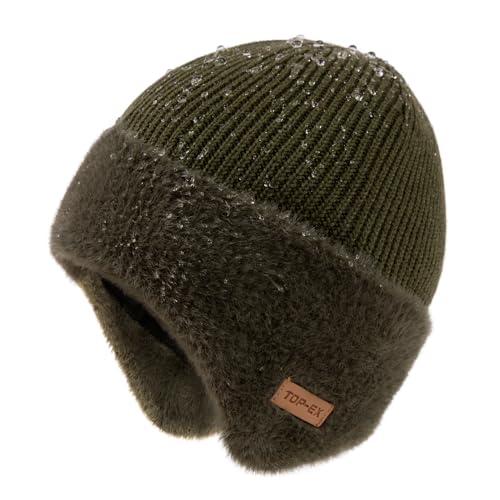 TOP-EX Winter Wollmütze mit Ohrenklappen für Herren Fleecegefüttert Wasserdicht Warm Kältebeständig Thermo Gestrickte Mütze Schnee Draußen Geschenke Große Größe Armeegrün Mittel Groß M L von TOP-EX