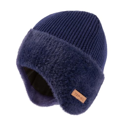 TOP-EX Winter Wollmütze mit Ohrenklappen für Herren Fleecegefüttert Wasserdicht Warm Kältebeständig Thermo Gestrickte Mütze Schnee Draußen Geschenke Große Größe Dunkelblau XL XXL von TOP-EX