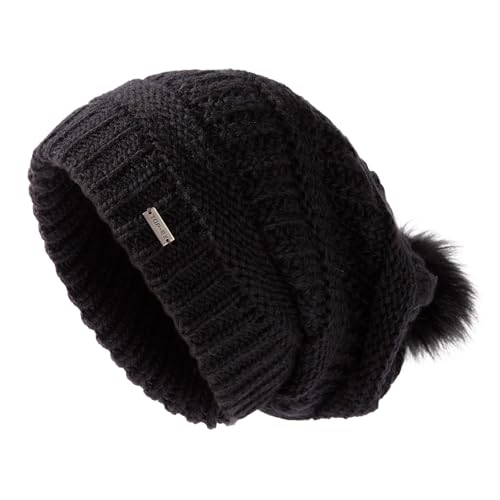 TOP-EX Wintermütze Damen 100% Wolle Slouchy Beanie mit Fellbommel - Satinfutter, Winddicht & perfekt für Outdoor-Sport - Schwarz von TOP-EX