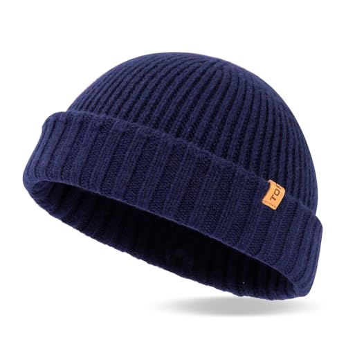 TOP-EX XL/XXL 100% Merino Wolle Fisherman Beanie Trawler Beanie Herren Damen Wintermuetze Strickmuetze Blau XL/XXL von TOP-EX